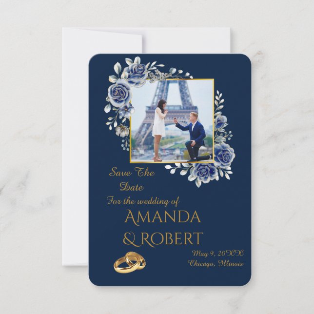 Elegant Navy Blue and Gold Floral Photo Spara Datumet (Framsida)