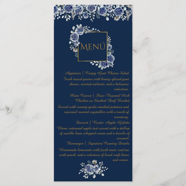 Elegant Navy Blue and Gold Floral Wedding MenuCard Meny (Framsida)