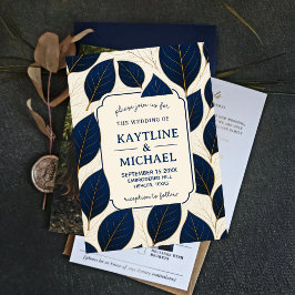 Elegant Navy Blue and Gold Leaf Botanical Inbjudningar