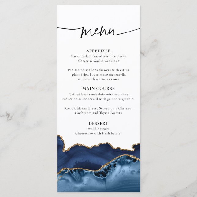 Elegant Navy Blue and Guld Agate Bröllop Menu Meny (Framsida)