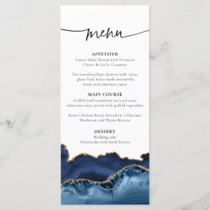 Elegant Navy Blue and Guld Agate Bröllop Menu Meny