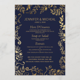 Elegant Navy Blue and Guld Blommigt Bröllop Menu Meny