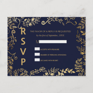 Elegant Navy Blue and Guld Blommigt OSA Postcards Inbjudan Vykort