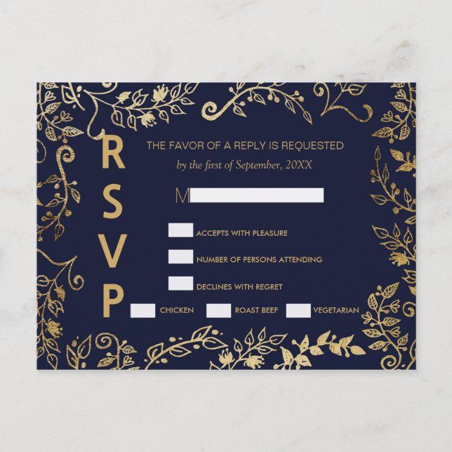 Elegant Navy Blue and Guld Blommigt OSA Postcards Inbjudan Vykort (Framsida)