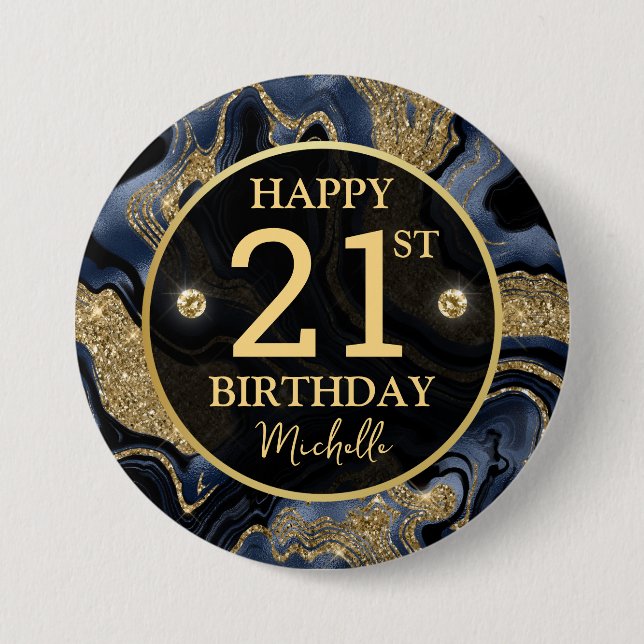 Elegant Navy Blue and Guld Glitter Agate Birthday Knapp (Framsida)