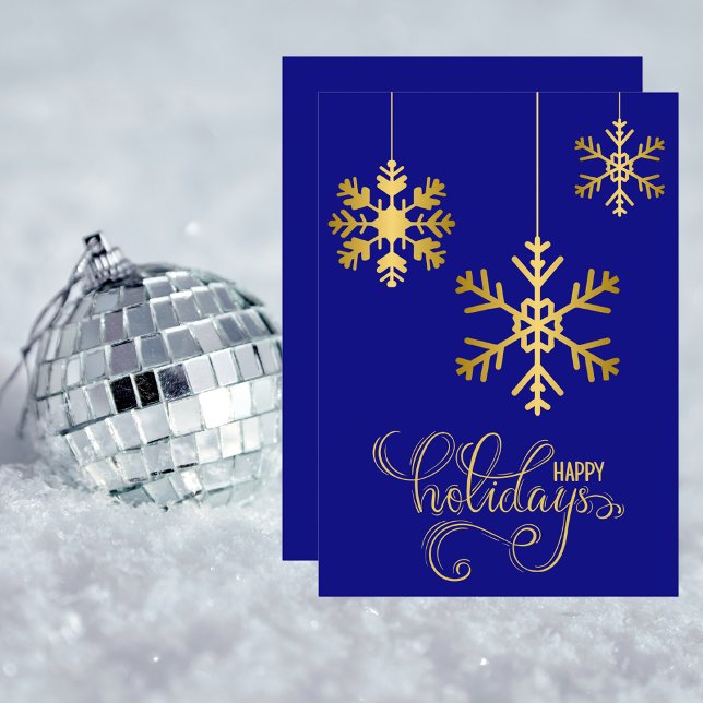 Elegant Navy Blue and Guld Snöflingor Helgdag Card Julkort (Skapare uppladdad)
