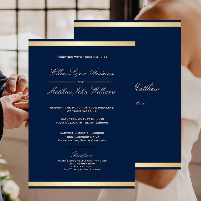 Elegant Navy Blue and Guld Trim Bröllop Inbjudningar (Elegant Navy Blue and Gold Trim Wedding Invitation)