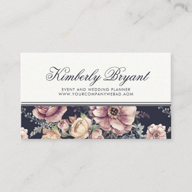 Elegant Navy Blue and Mauve Blommigt | Vattenfärg Visitkort (Framsida)