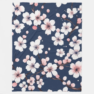 Elegant Navy Blue and Pink Cherry Blossom Pattern Fleecefilt
