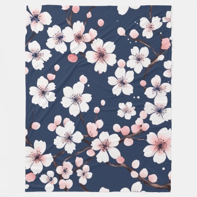 Elegant Navy Blue and Pink Cherry Blossom Pattern Fleecefilt (Framsidan)