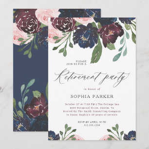 Elegant Navy Blue and Plum Blommigt Pension Party Inbjudningar