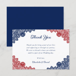 Elegant Navy Blue and Red Blommigt Snöre Bröllop Tack Kort