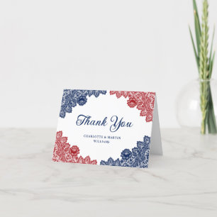 Elegant Navy Blue and Red Blommigt Snöre Bröllop Tack Kort
