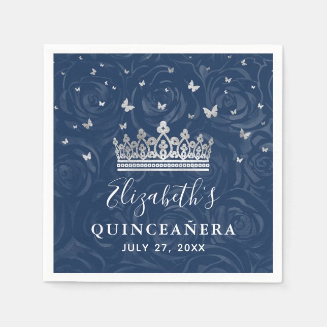 Elegant Navy Blue and Silver Crown Quinceanera Pappersservett (Framsidan)