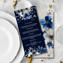 Elegant Navy Blue and Silver Floral Wedding Menu  Meny