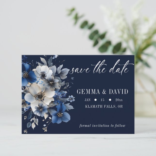 Elegant Navy Blue and Silver Floral Wedding Spara Datumet (Stående Fram)
