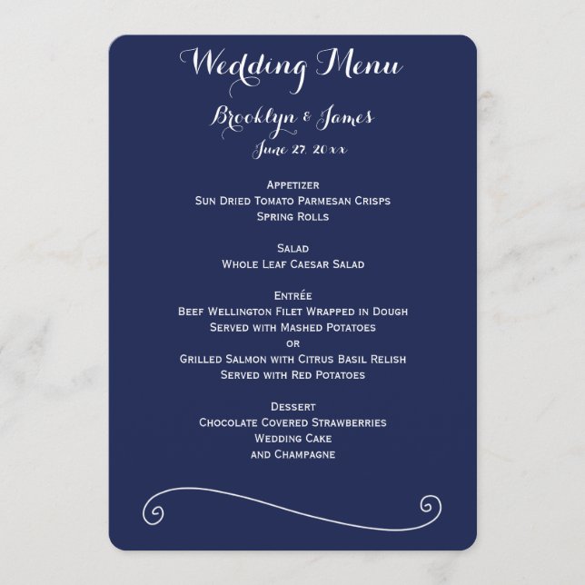 Elegant Navy Blue and White Bröllop Menu Meny (Framsida)