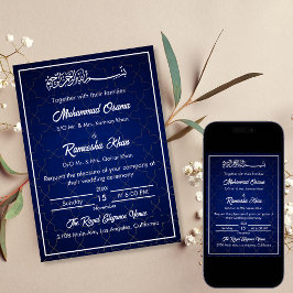 Elegant Navy Blue and White Islamic Bröllop Inbjudningar
