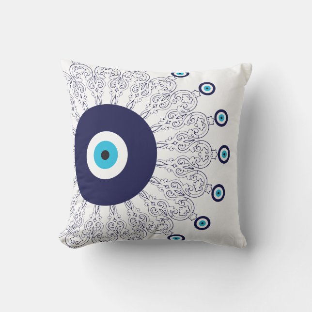Elegant Navy Blue Aqua Evil Öga Boho Chic Mandala Kudde (Framsida)