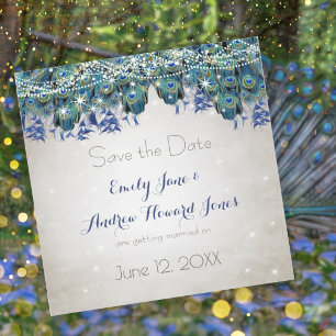 Elegant Navy Blue Aqua Peacock Feathers Typography Magnetisk Inbjudningskort