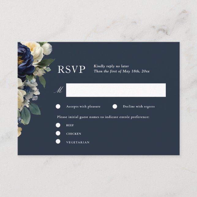 Elegant Navy Blue Blommig & Vit Peony Bröllops-RSV Tilläggskort (Framsida)