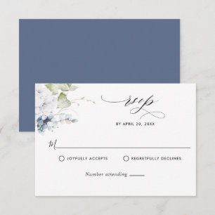 Elegant Navy Blue Blommigt and Greenery Bröllop OS OSA Kort