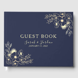 Elegant Navy Blue Blommigt Bröllop Gästböcker