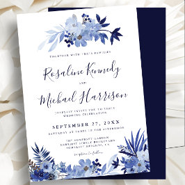 Elegant Navy Blue Blommigt Foliage Modern Bröllop Inbjudningar