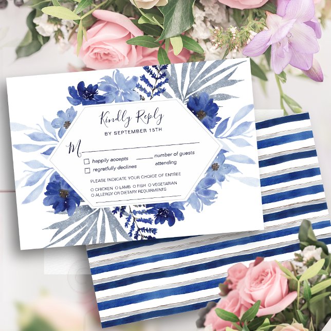 Elegant Navy Blue Blommigt Foliage Modern Bröllop OSA Kort (Skapare uppladdad)