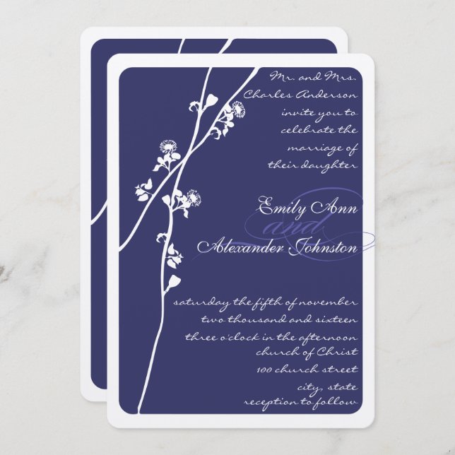 Elegant Navy Blue Blommigt Gren Bröllop Inbjudningar (Fram/baksida)