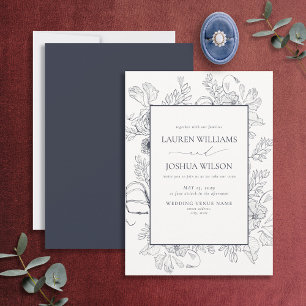 Elegant Navy Blue Blommigt Line Art Bröllop Inbjudningar