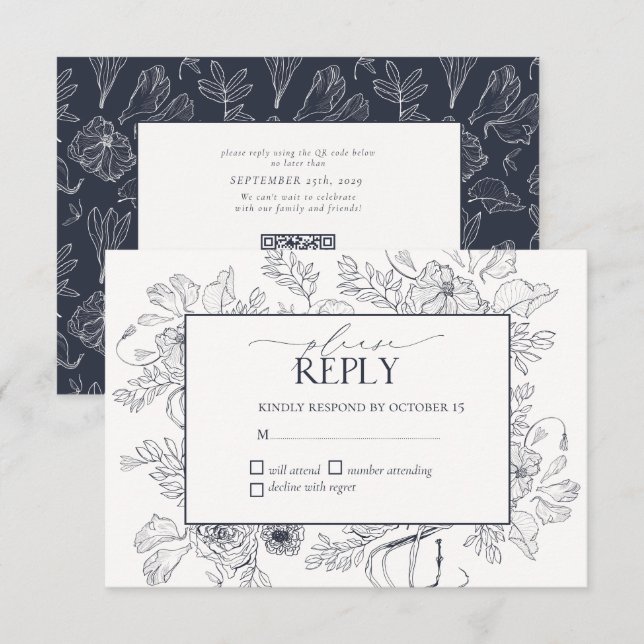 Elegant Navy Blue Blommigt Line Art Bröllop OSA Kort (Fram/baksida)
