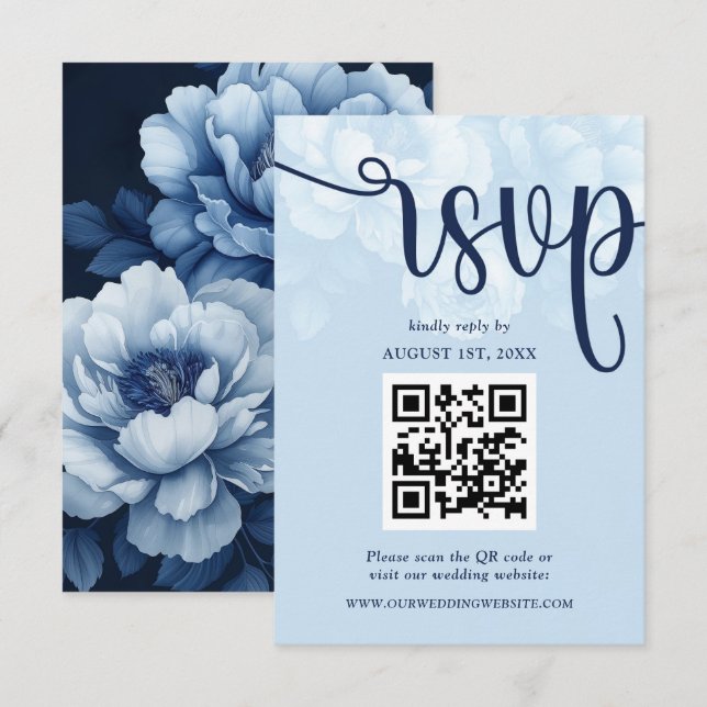 Elegant Navy Blue Blommigt Peony OSA Kort (Fram/baksida)