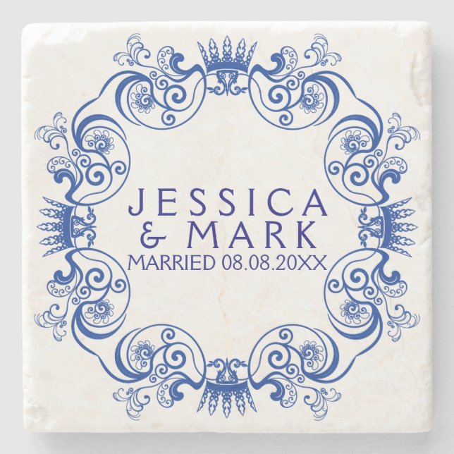 Elegant Navy Blue Blommigt Ram Underlägg Sten (Framsidan)