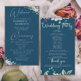 Elegant Navy Blue Blommigt Script Bröllop Ceremony Program