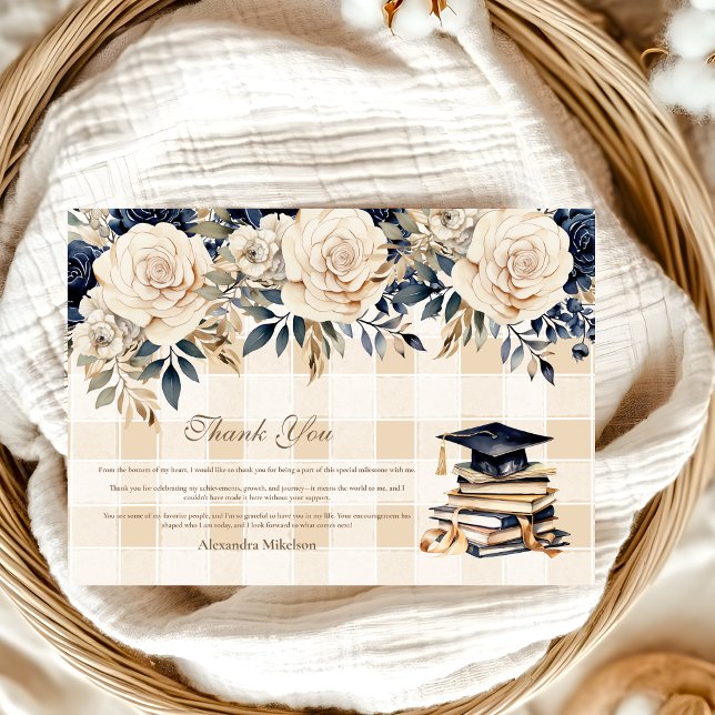 Elegant Navy Blue Blommigt Studenten Tack Kort (Skapare uppladdad)