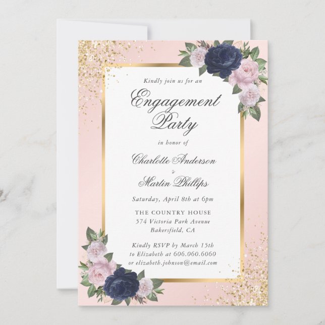 Elegant Navy Blue Blush Gold Engagement Party Inbjudningar (Framsida)