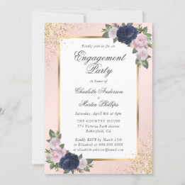 Elegant Navy Blue Blush Gold Engagement Party Inbjudningar