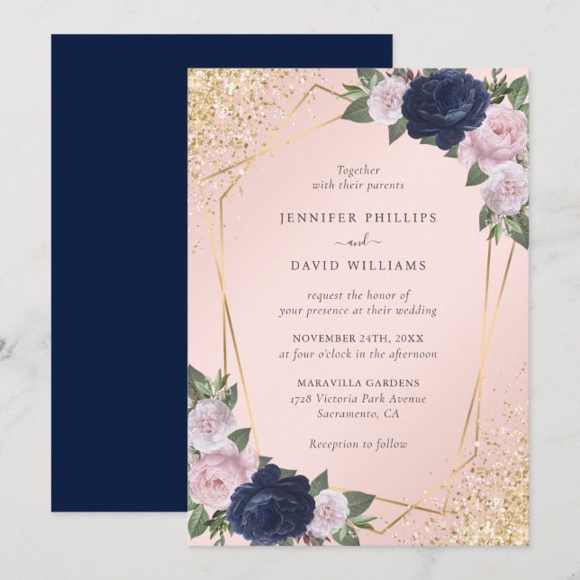 Elegant Navy Blue Blush Pink Geo Gold Wedding Inbjudningar (Fram/baksida)