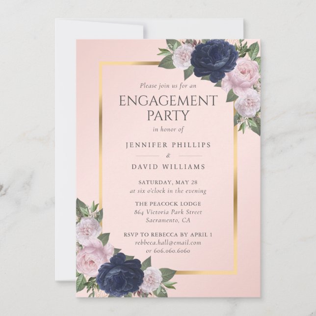 Elegant Navy Blue Blush Pink Gold Engagement Party Inbjudningar (Framsida)
