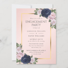 Elegant Navy Blue Blush Pink Gold Engagement Party Inbjudningar