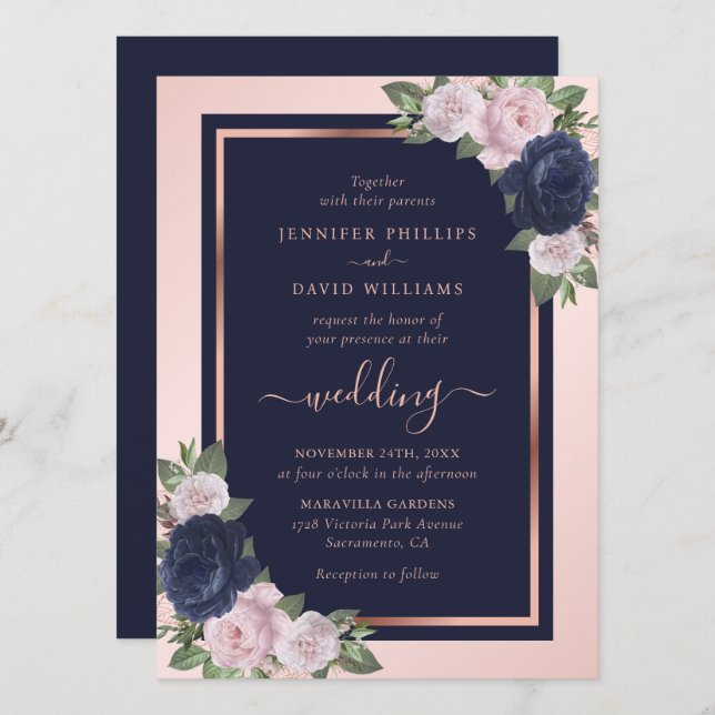 Elegant Navy Blue Blush Rose Gold Floral Wedding Inbjudningar (Fram/baksida)