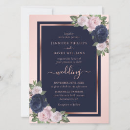 Elegant Navy Blue Blush Rose Gold Floral Wedding Inbjudningar