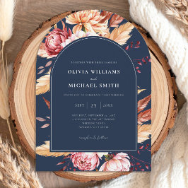 Elegant Navy Blue Boho Chic Blommigt Bröllop Inbjudningar