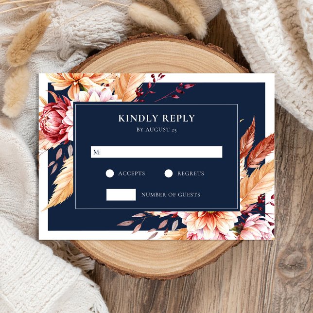 Elegant Navy Blue Boho Chic Blommigt Bröllop OSA Kort (Skapare uppladdad)