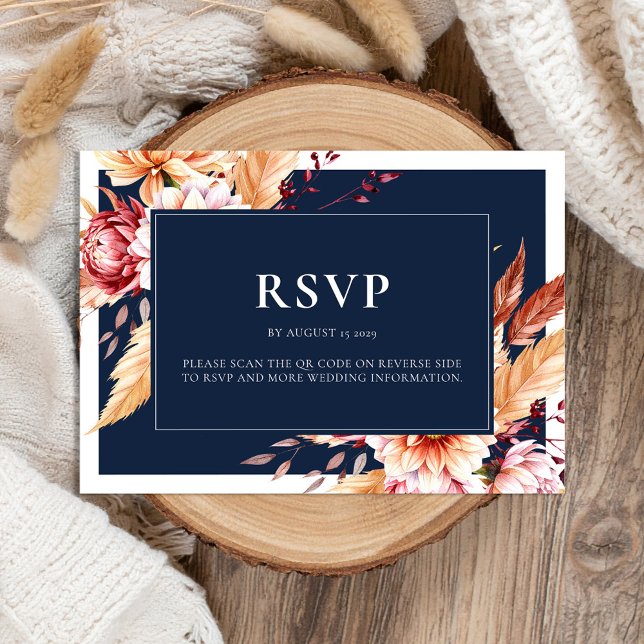 Elegant Navy Blue Boho Chic Blommigt Bröllop OSA Kort (Skapare uppladdad)