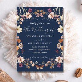 Elegant Navy Blue Boho Wildblomme Modern Bröllop Inbjudningar