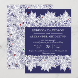 Elegant Navy Blue Botanical Bröllop Inbjudningar