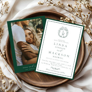 Elegant Navy Blue botanical crest monogram wedding Inbjudningar
