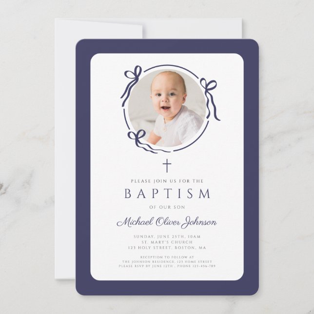 Elegant Navy Blue Bow Photo Boy Baptism Inbjudningar (Framsida)